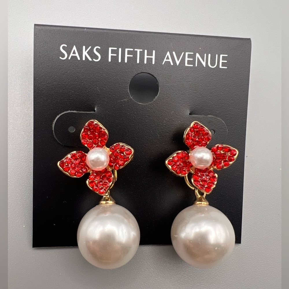 Saks Fifth Avenue Red and Gold flower with Pearl Drop Earrings